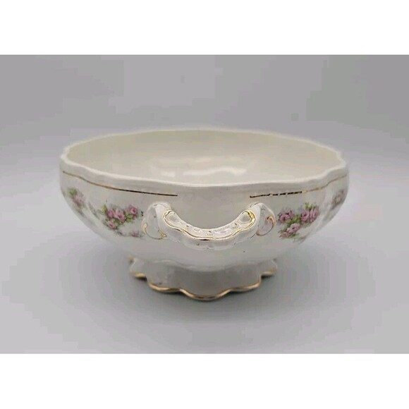 Vintage Dresden Semi Porcelain Two Handle Serving Bowl Rosesand Gold Trimmed - Picture 4 of 12